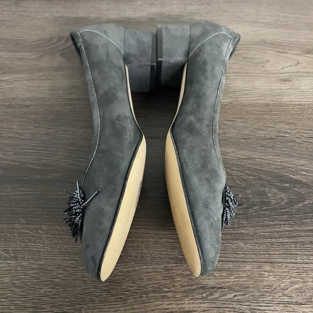 Sesto Meucci Gray Suede Beaded Pumps Women's Size 9M Italy Low Block Heel‎ Shoes